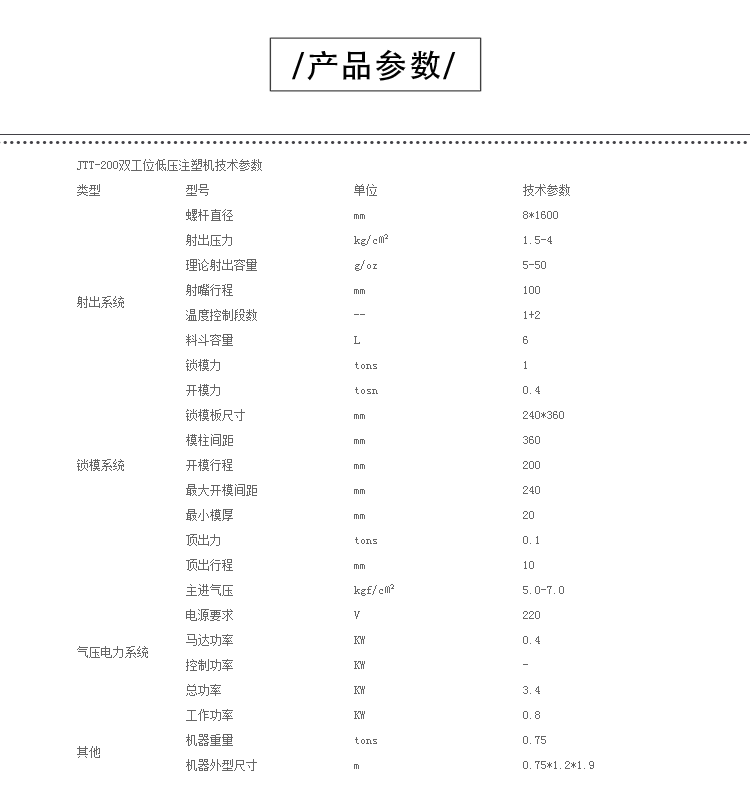 今通機(jī)械JTT-200雙工位低壓注塑機(jī)產(chǎn)品參數(shù)